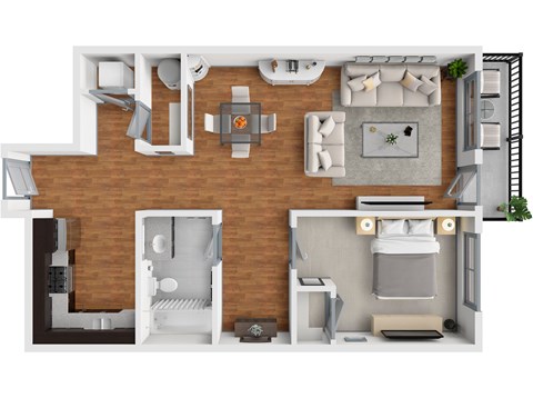 A 3D floor plan of a house with a living room, kitchen, and two bedrooms.